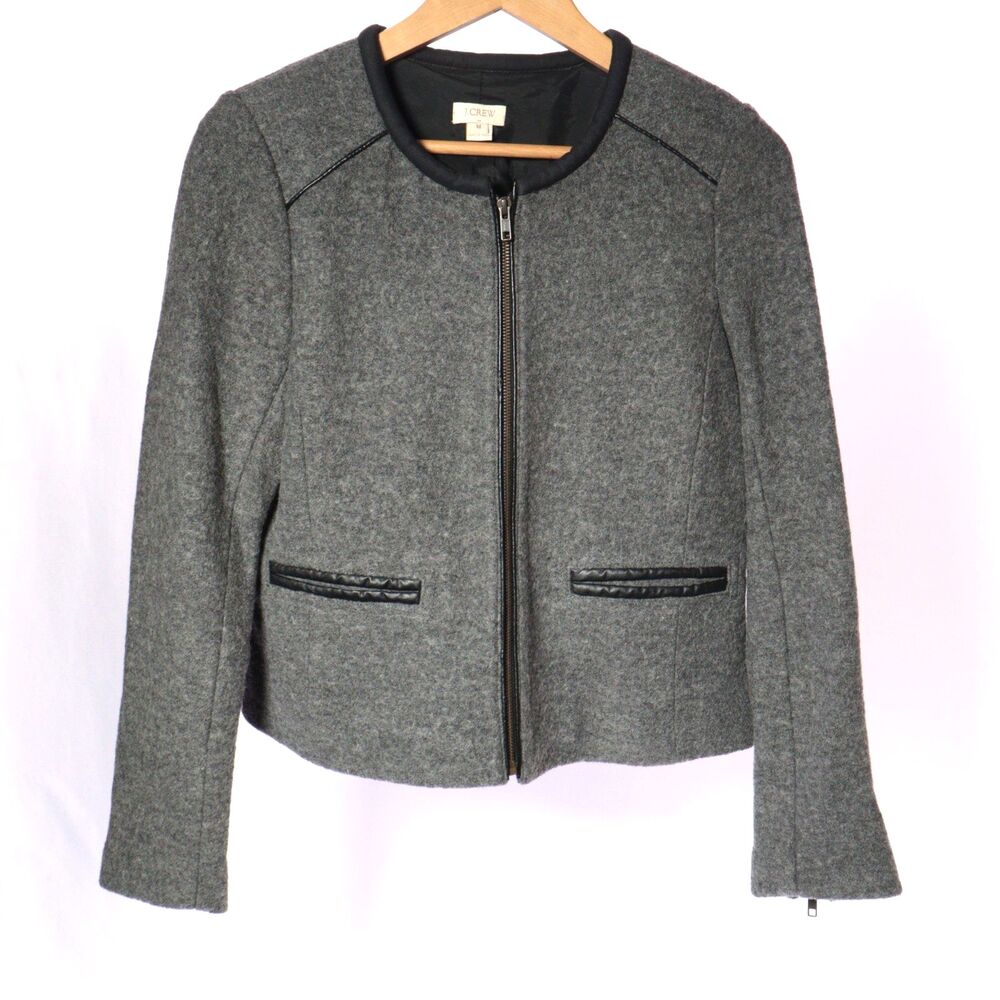 J Crew Women Wool Blazer Jacket Medium Gray Faux Leather Trim Career Profession